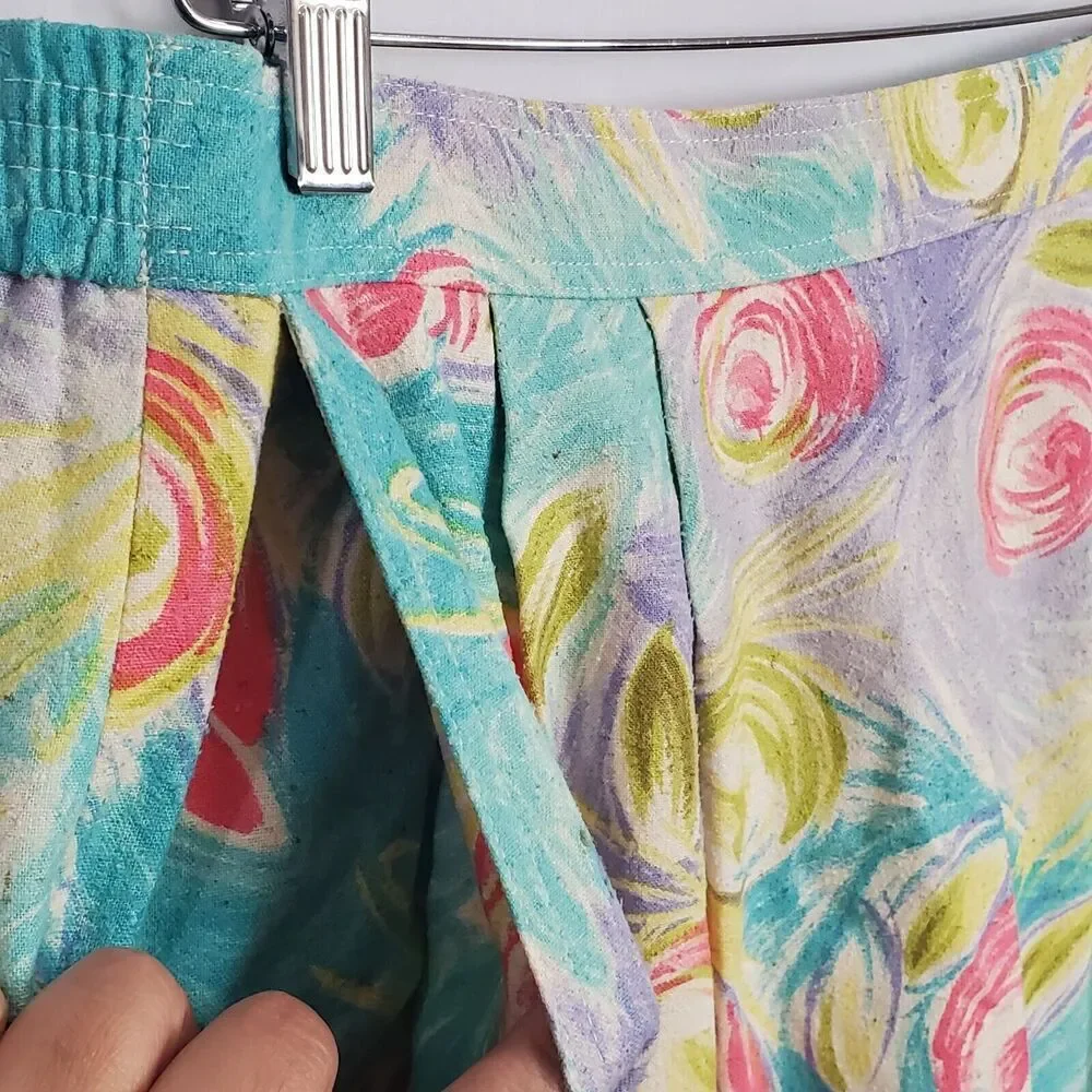 Vintage Silk Skirt Womens Size 14  Blue Pink Midi Cottage Coquette 80s Glam Rock